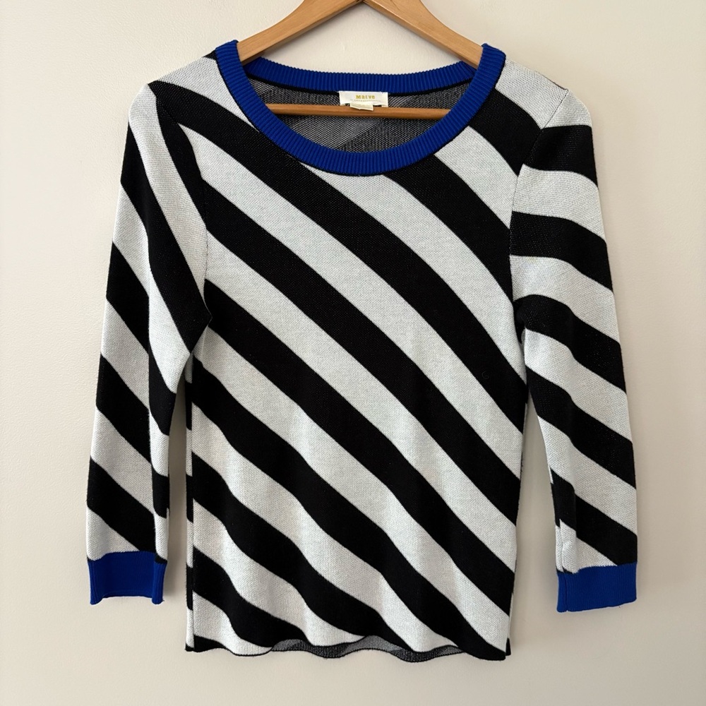 Maeve by Anthropologie striped pullover sweater black ivory blue trim size S - Picture 5 of 13